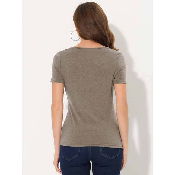Cowl Neck Women's Short Sleeve Button Decor Ruched Casual Basic T-Shirt Brown - Picture 3 of 6